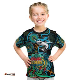 Custom Sharks Rugby Aboriginal Art Kid T Shirt NAIDOC Indigenous Tribal