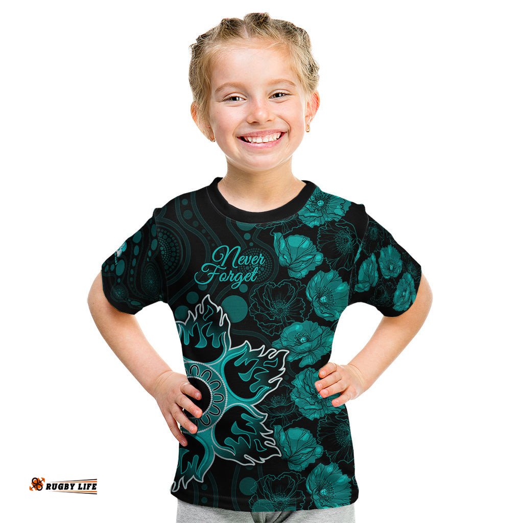 Heat Cricket Never Forget Custom Kid T Shirt ANZAC Day with Poppy Aboriginal