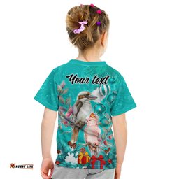 Personalised Kookaburra and Cockatoo Kid T Shirt Australia Merry Christmas Aboriginal Teal Style