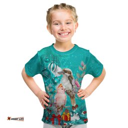 Personalised Kookaburra and Cockatoo Kid T Shirt Australia Merry Christmas Aboriginal Teal Style