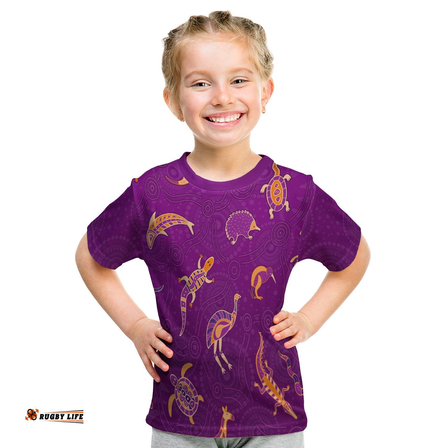 Aboriginal Art T Shirt KID Animals Australia Version Purple