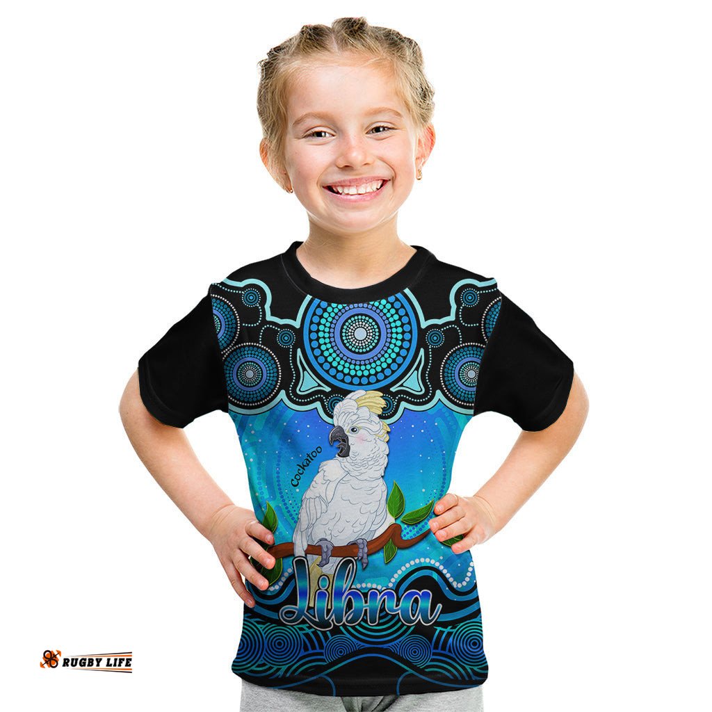Personalised Australia Libra Cockatoo Zodiac Kid T Shirt Auz Astrology Aboriginal - Aqua