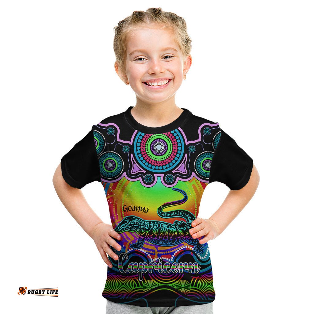 Personalised Australia Capricorn Goanna Zodiac Kid T Shirt Auz Astrology Aboriginal - Rainbow
