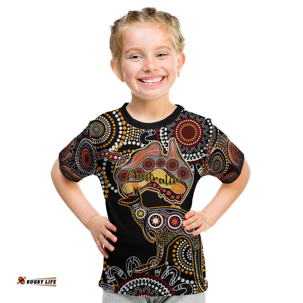 Australia Aboriginal Kid T Shirt Australian Map With Kangaroo Indigenous Art