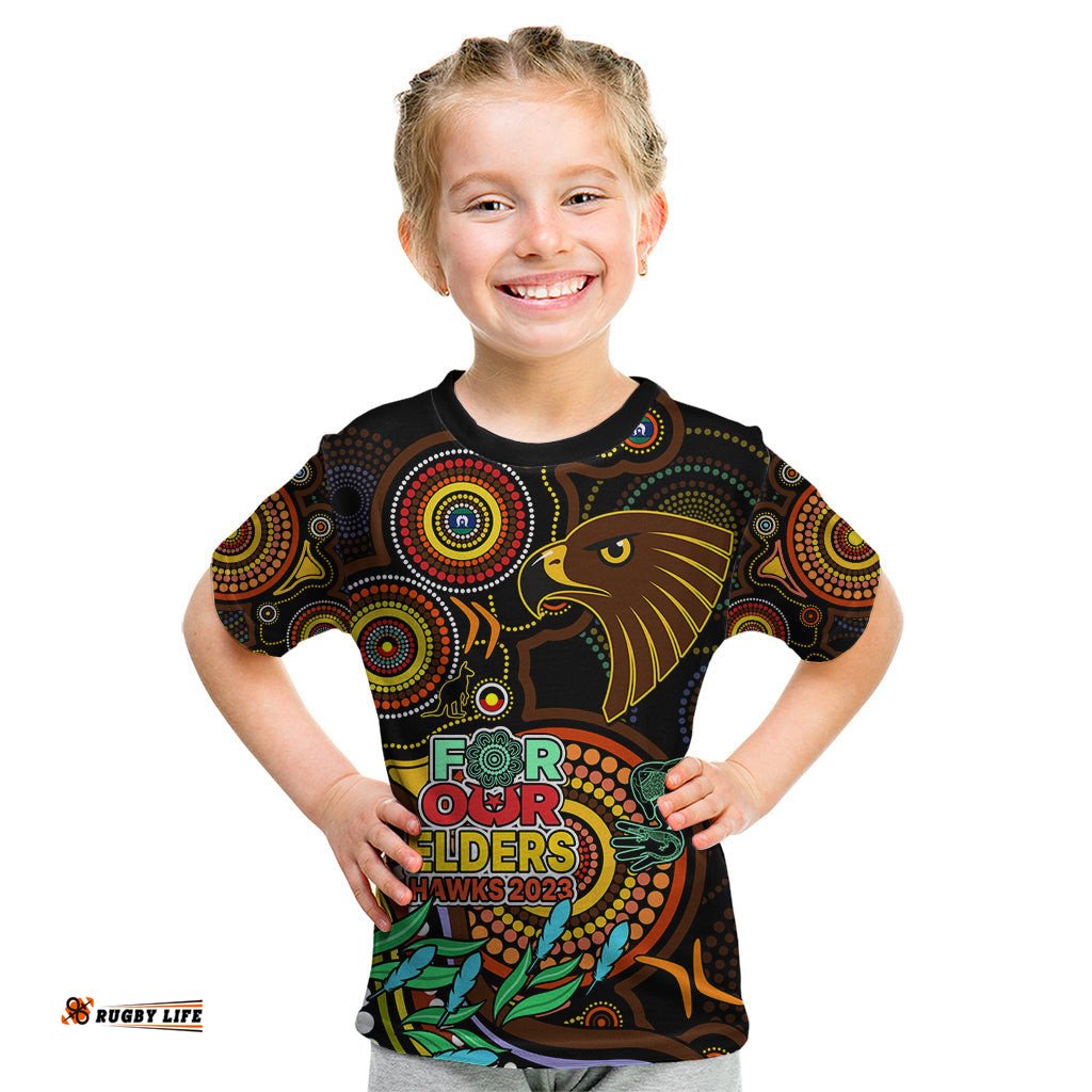 Custom Hawks Football Aboriginal Art Kid T Shirt NAIDOC Indigenous Tribal