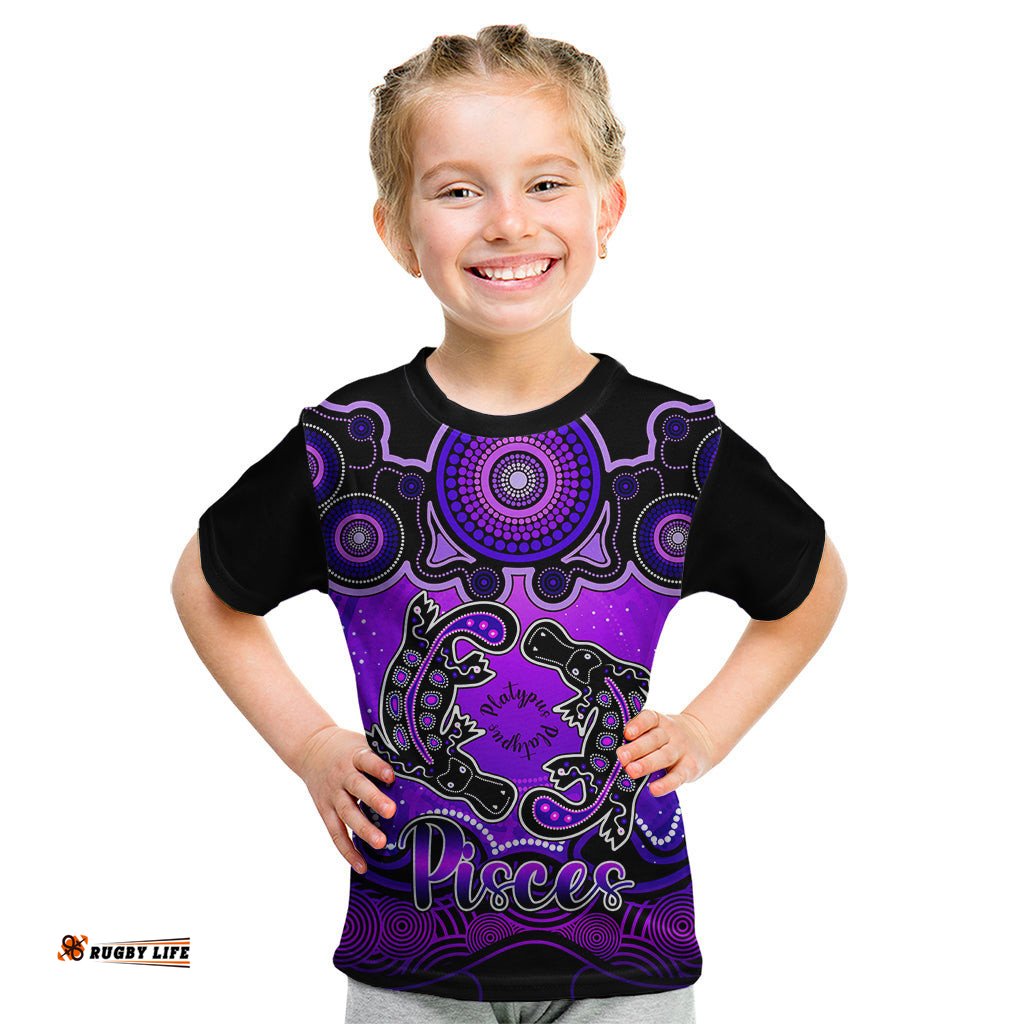 Personalised Australia Pisces Platypus Zodiac Kid T Shirt Auz Astrology Aboriginal - Purple