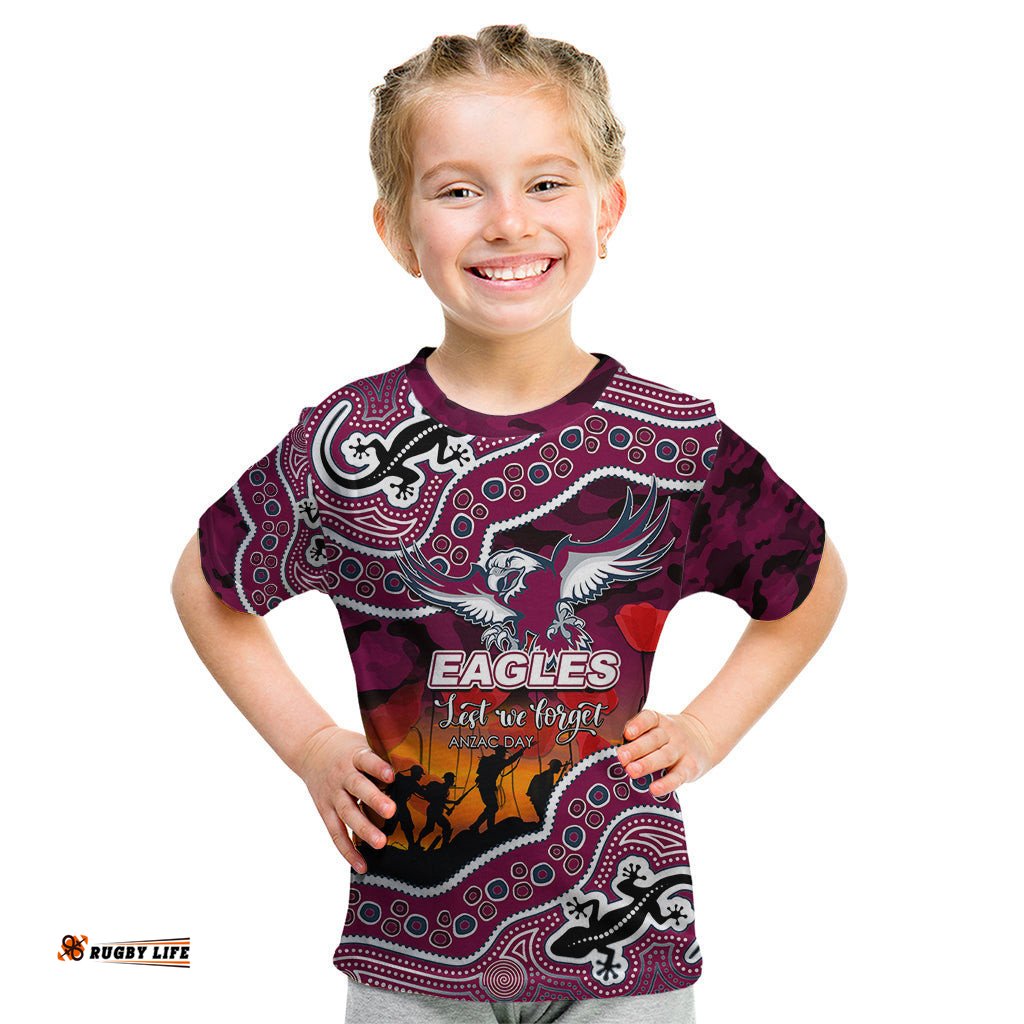 Custom Personalised Anzac Day NRL - Sea Eagles Kid T Shirt Aboriginal Lizard Patterns