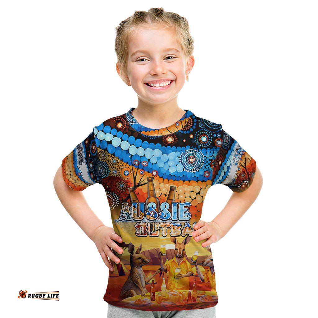 Australia Kangaroo Aboriginal Camping Kid T Shirt Aussie Outback Camping with Beer