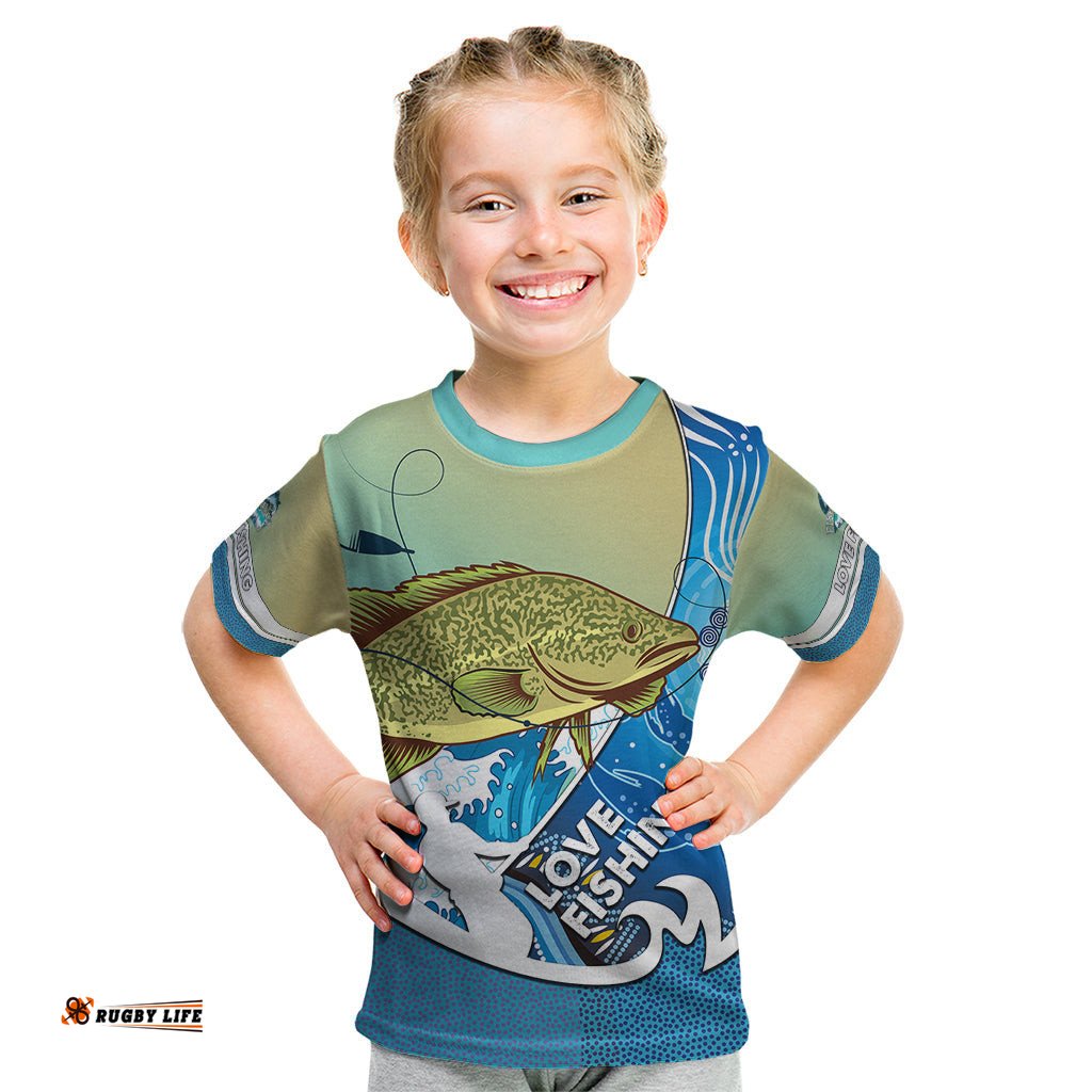 Australia Fishing Kid T Shirt Love Fishing Murray Cod In Aboriginal Art Patterns