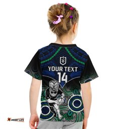 Personalised Warriors Rugby Kid T Shirt NZ Aboriginal Mix Polynesian Pattern