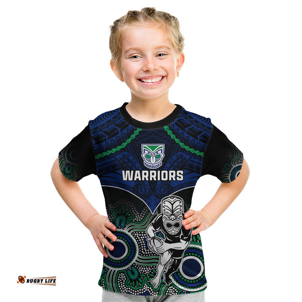 Personalised Warriors Rugby Kid T Shirt NZ Aboriginal Mix Polynesian Pattern