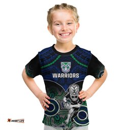 Personalised Warriors Rugby Kid T Shirt NZ Aboriginal Mix Polynesian Pattern