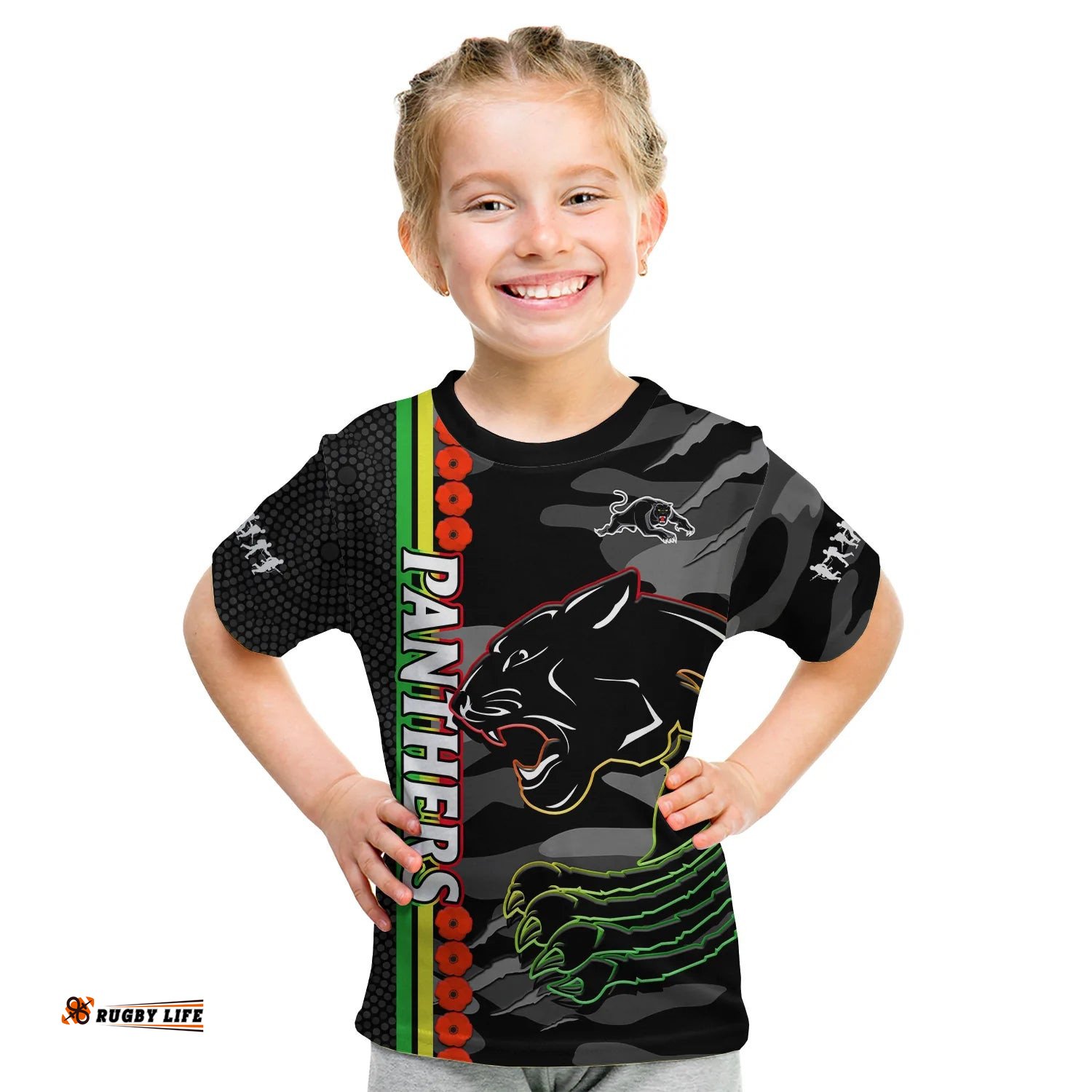 Panthers Rugby ANZAC T Shirt KID Aboriginal Mix Poppy Camouflage Black