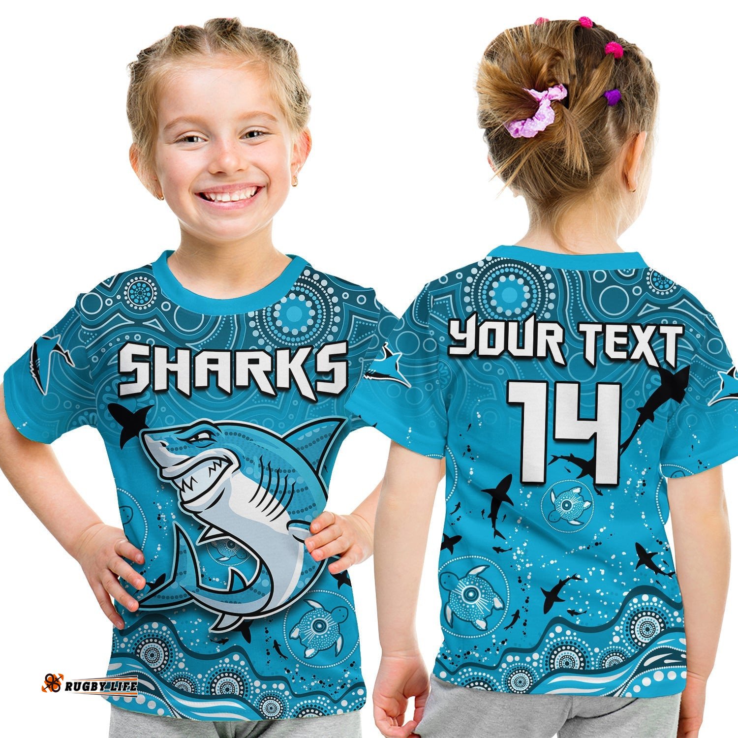 Custom Text And Number Sharks Rugby T Shirt KID Go Sharkies Aboriginal Special Version