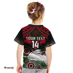 Personalised Rabbitohs Rugby Kid T Shirt Souths 1908 Aboriginal Mix Polynesian Pattern
