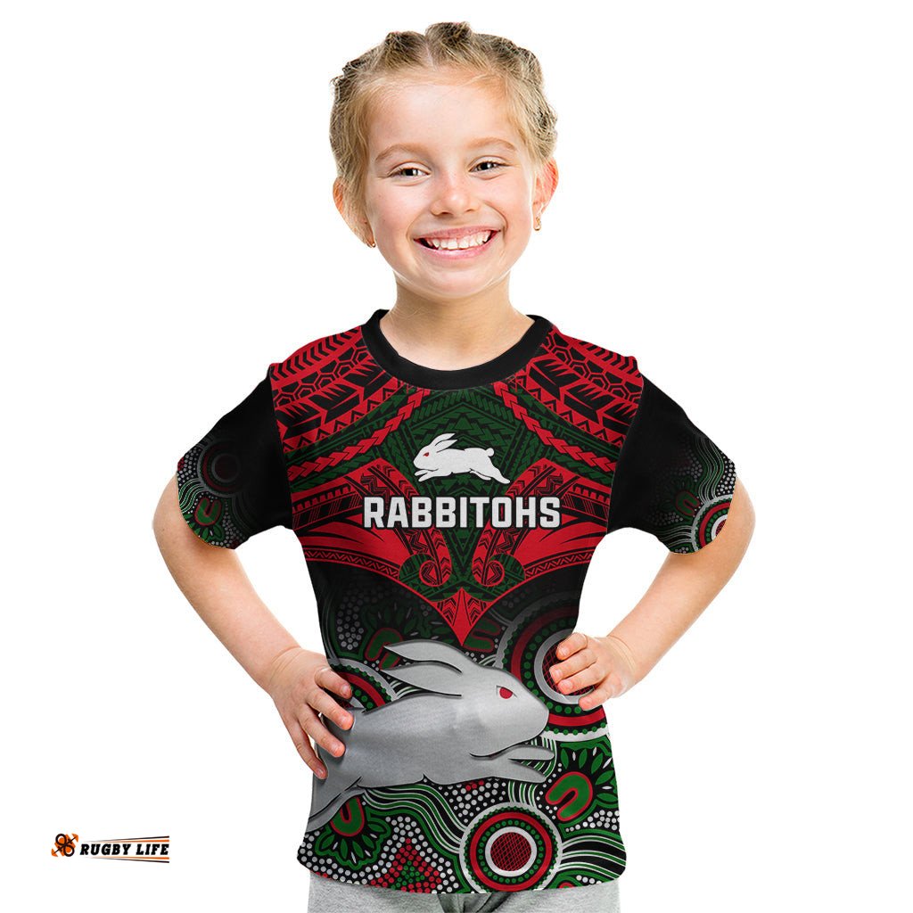 Personalised Rabbitohs Rugby Kid T Shirt Souths 1908 Aboriginal Mix Polynesian Pattern