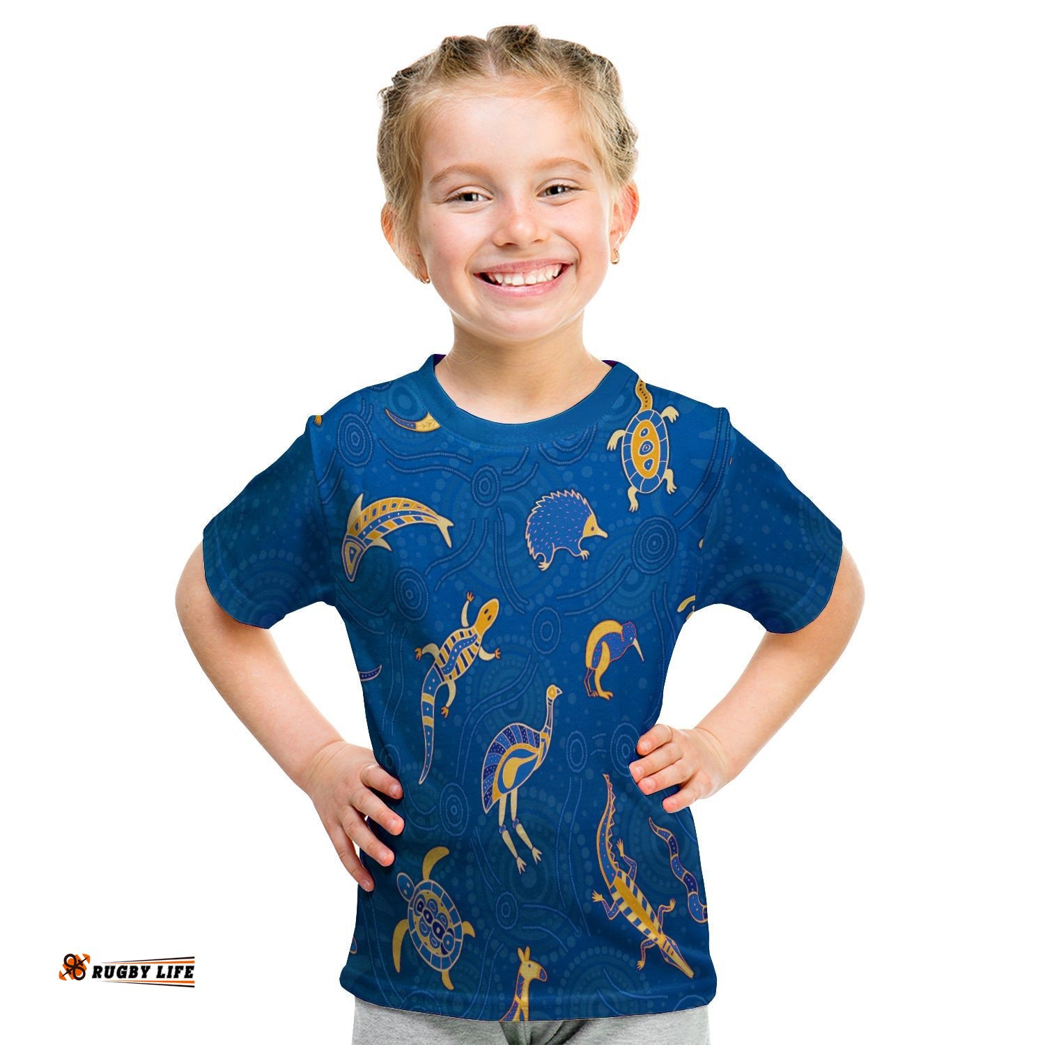Aboriginal Art T Shirt KID Animals Australia Version Blue