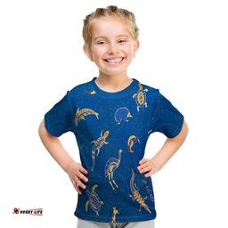 Aboriginal Art T Shirt KID Animals Australia Version Blue