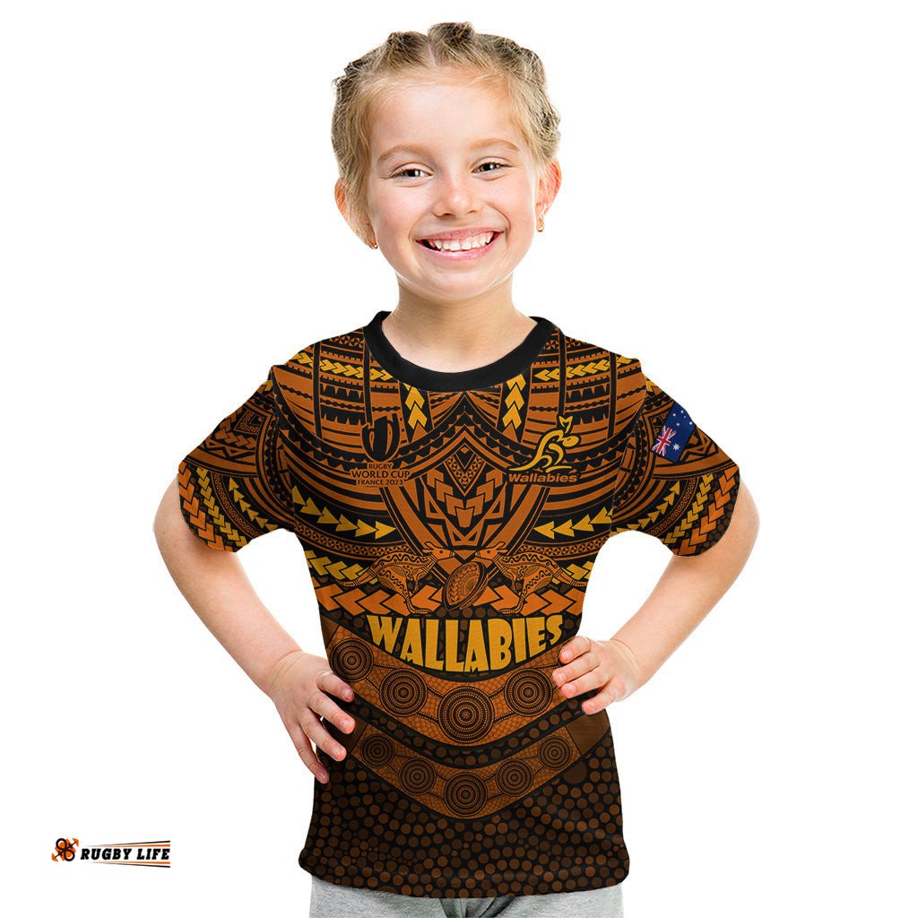 Custom Wallabies Rugby Kid T Shirt Polynesian and Aboriginal Special Orange Version