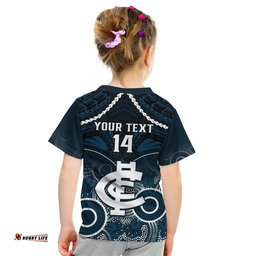 Personalised Carlton Football Kid T Shirt Blues Aboriginal Mix Polynesian Pattern