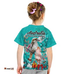 Kookaburra and Cockatoo Kid T Shirt Australia Merry Christmas Aboriginal Teal Style