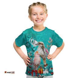 Kookaburra and Cockatoo Kid T Shirt Australia Merry Christmas Aboriginal Teal Style