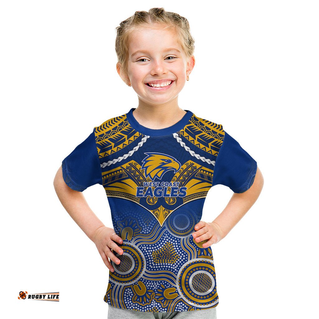 West Coast Football Kid T Shirt Eagles Aboriginal Mix Polynesian Pattern