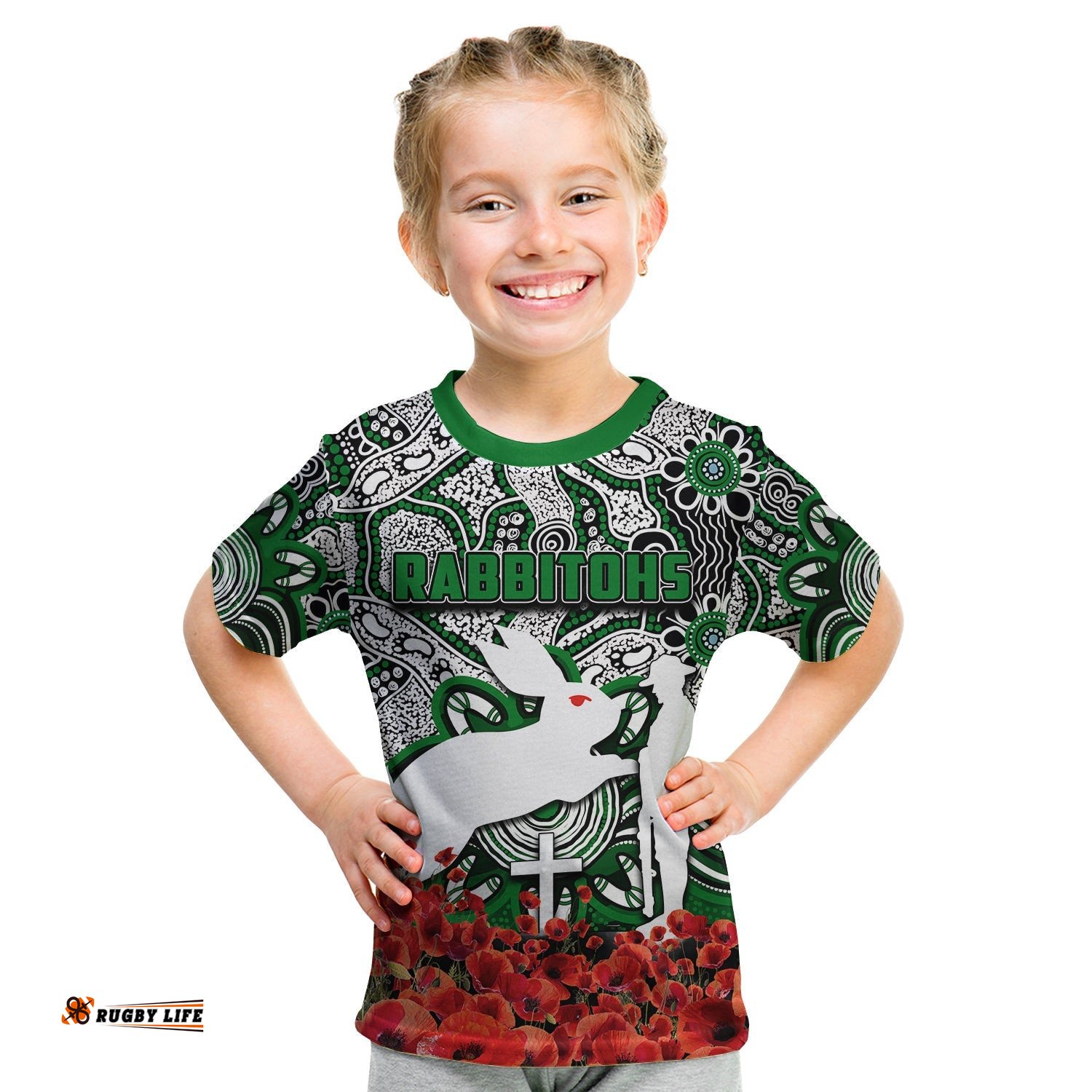 Rabbitohs T Shirt KID Anzac Day Poppy Flowers With Aboriginal