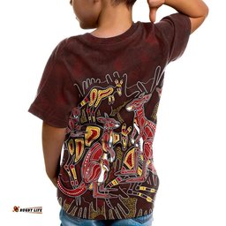 Kid Aboriginal Custom T-shirt - Kangaroo Family with Hand Art