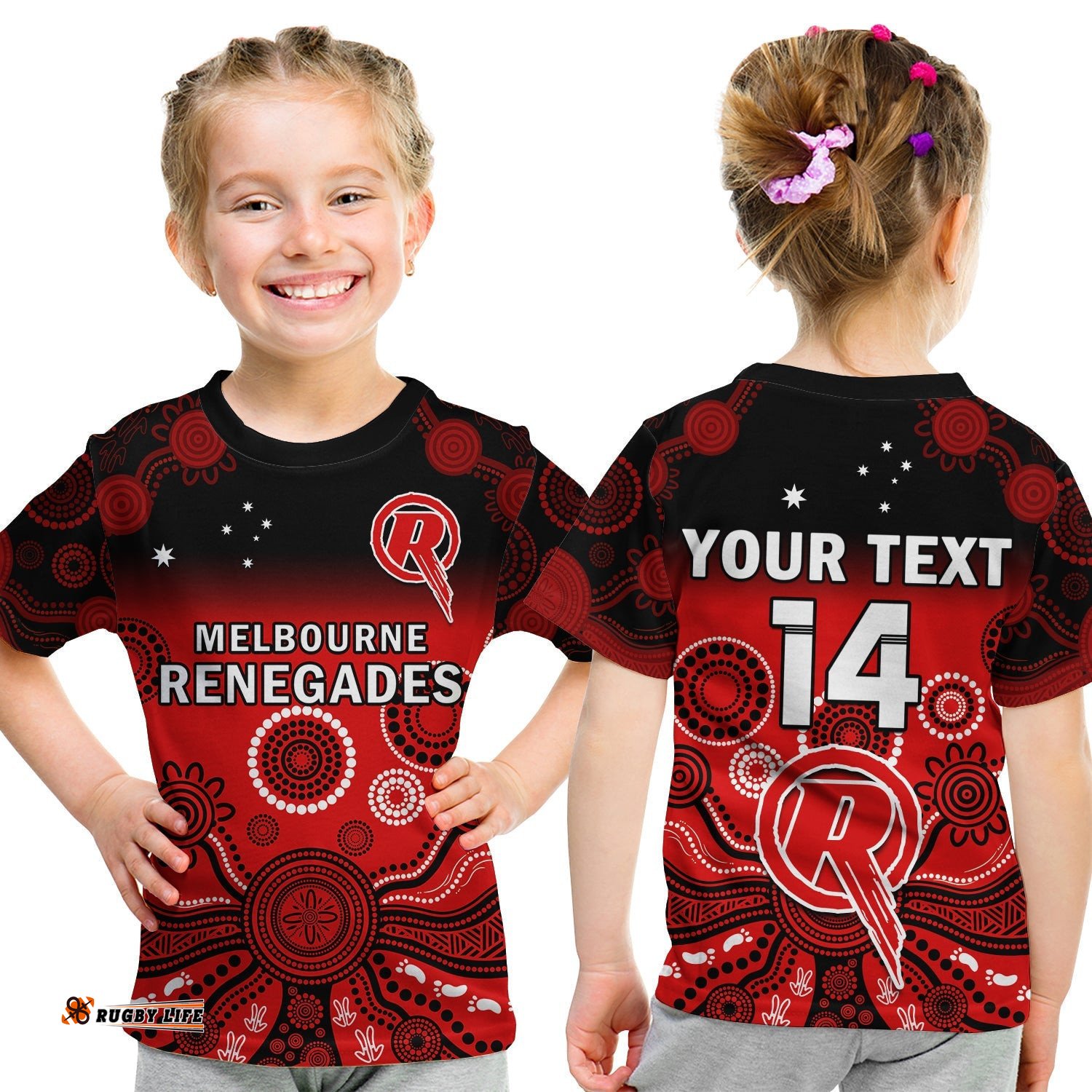 Custom Text And Number Renegades Cricket T Shirt KID Melbourne Gradient Aboriginal Art