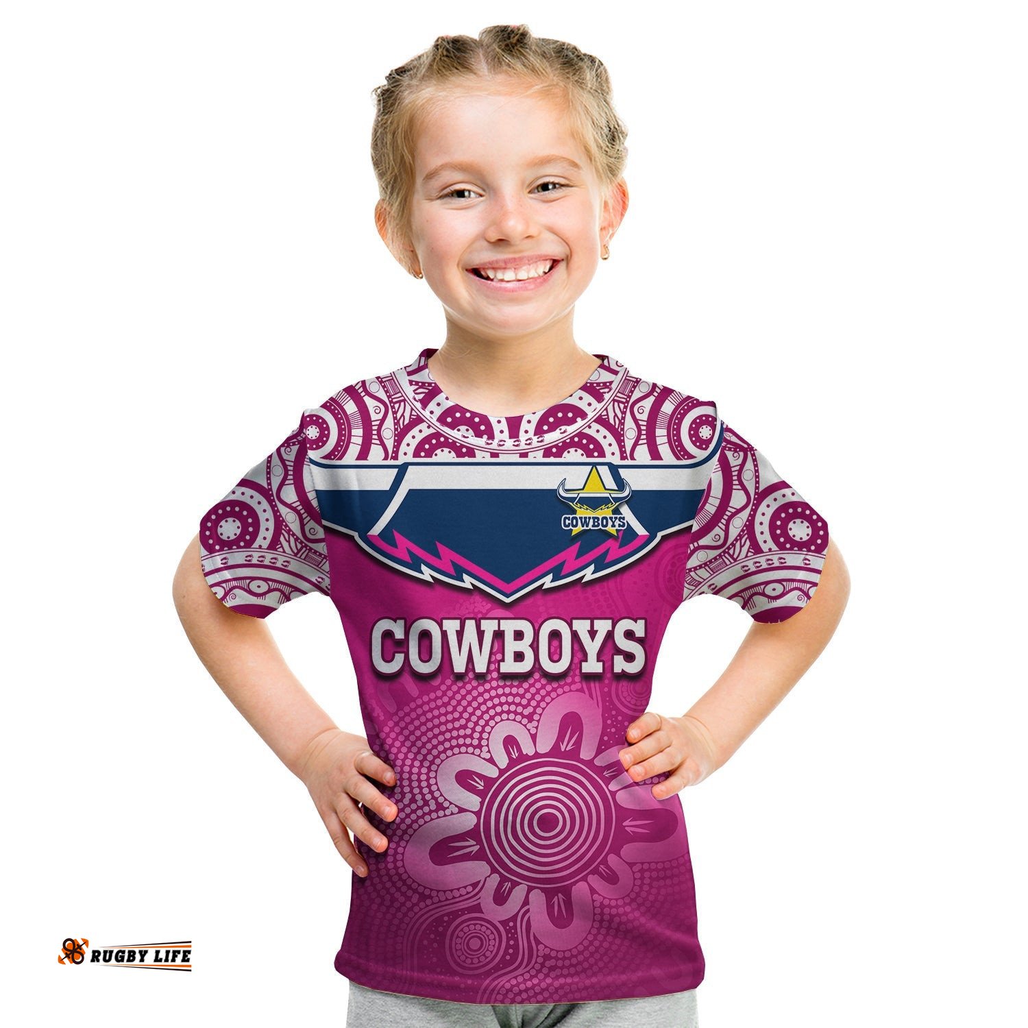 Cowboys Rugby T Shirt KID Aboriginal Pattern Pink Version