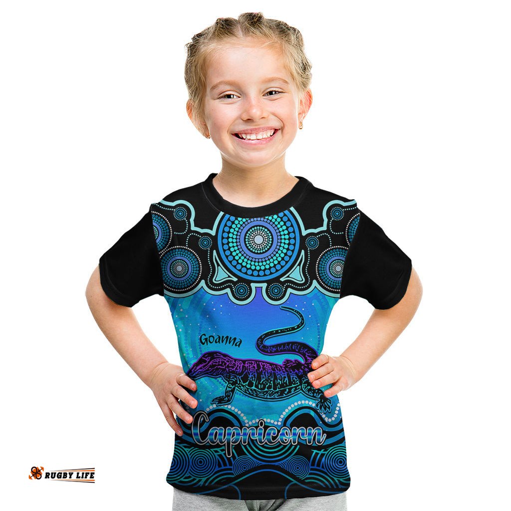 Personalised Australia Capricorn Goanna Zodiac Kid T Shirt Auz Astrology Aboriginal - Aqua