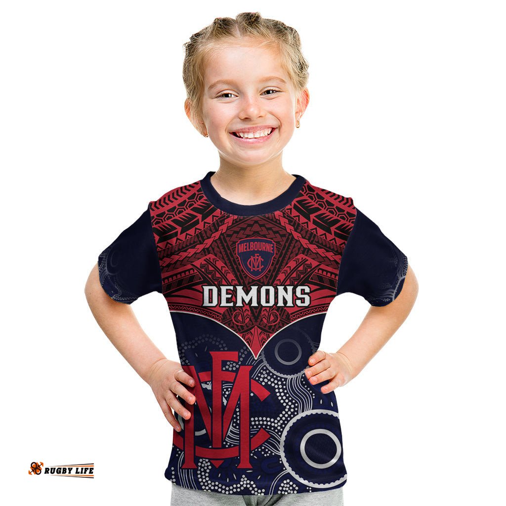 Personalised Melbourne Football Kid T Shirt Go Demons Aboriginal Mix Polynesian Pattern