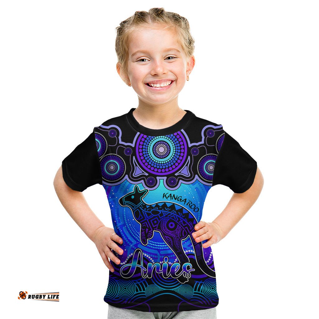 Personalised Australia Aries Kangaroo Zodiac Kid T Shirt Auz Astrology Aboriginal - Blue