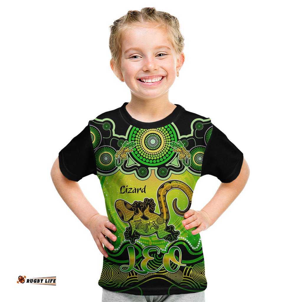 Personalised Australia Leo Lizard Zodiac Kid T Shirt Auz Astrology Aboriginal - Green