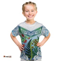 Aotearoa New Zealand Natural Plants Kid T Shirt Pohutukawa with Silver Ferns Koru Frond Maori Tattoos LT03