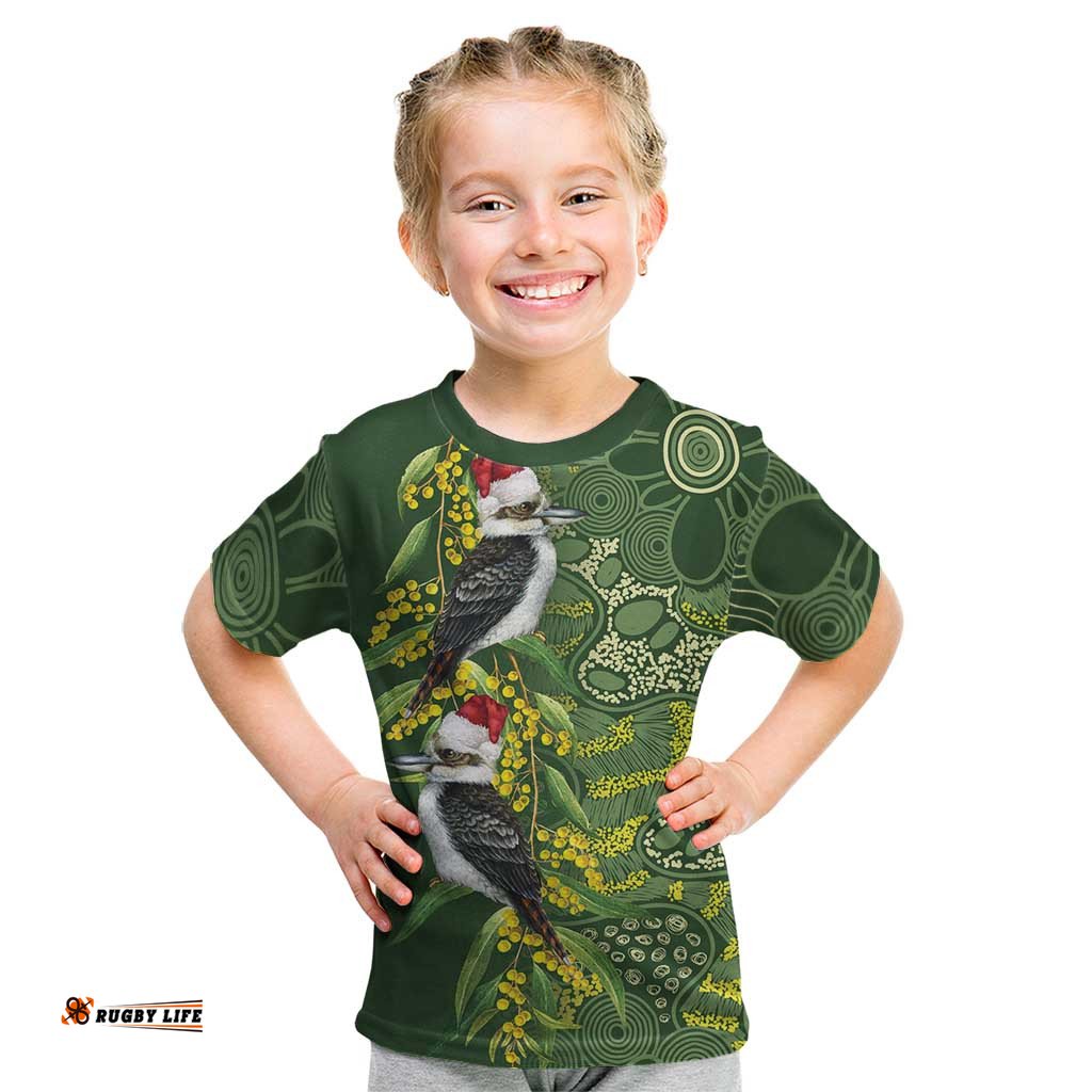 Aussie Kokaburra Golden Wattle Christmas Kid T Shirt Aboriginal Dots Painting Green Motif LT9