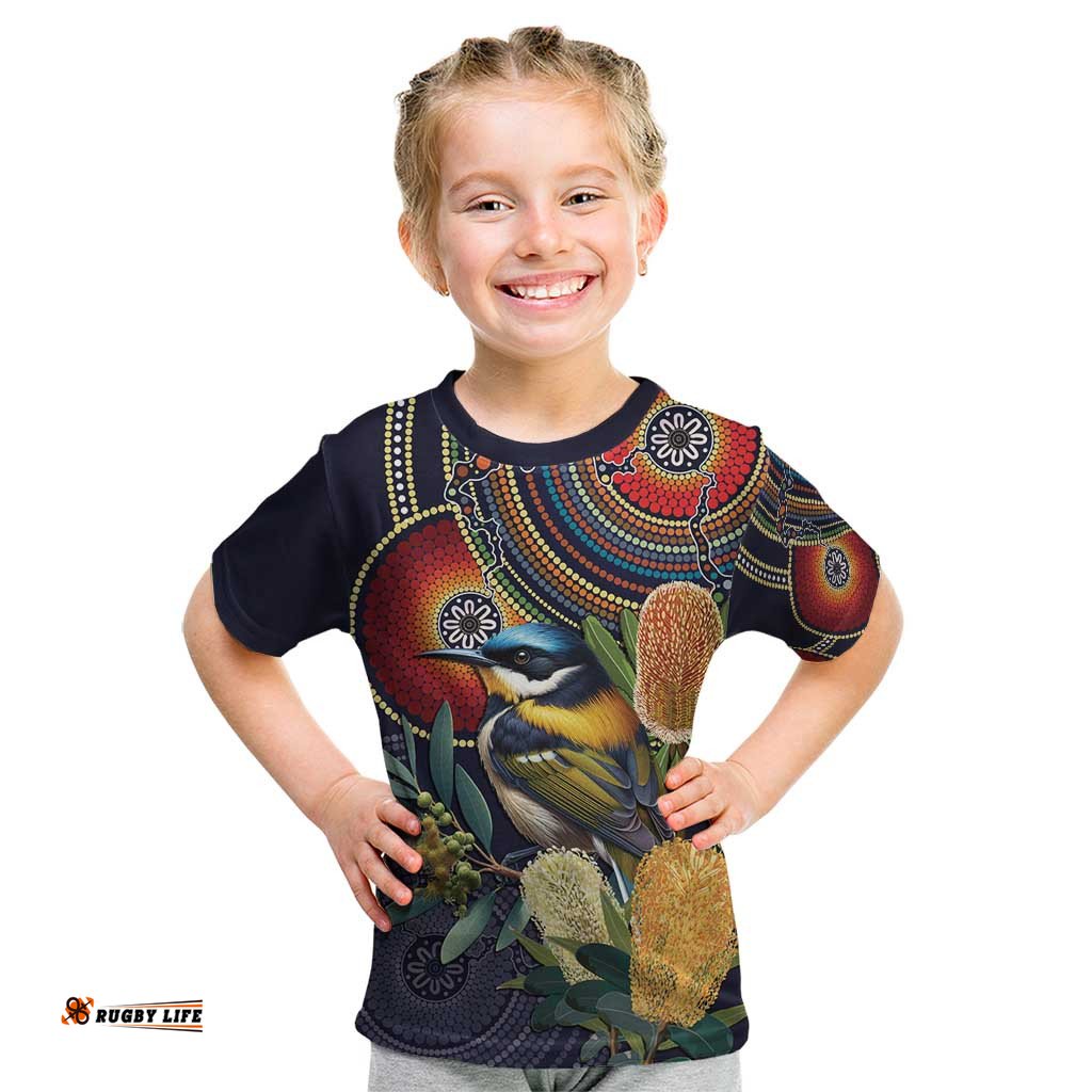 Aussie Honeyeaters Banksia Flowers Kid T Shirt Aboriginal Dots Painting LT9