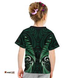 Aotearoa Pounamu Niho Kid T Shirt Silver Fern Mix Maori Pattern - Green LT14