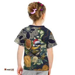 Aussie Honeyeaters Banksia Christmas Kid T Shirt Aboriginal Dots Painting Blue Motif LT9
