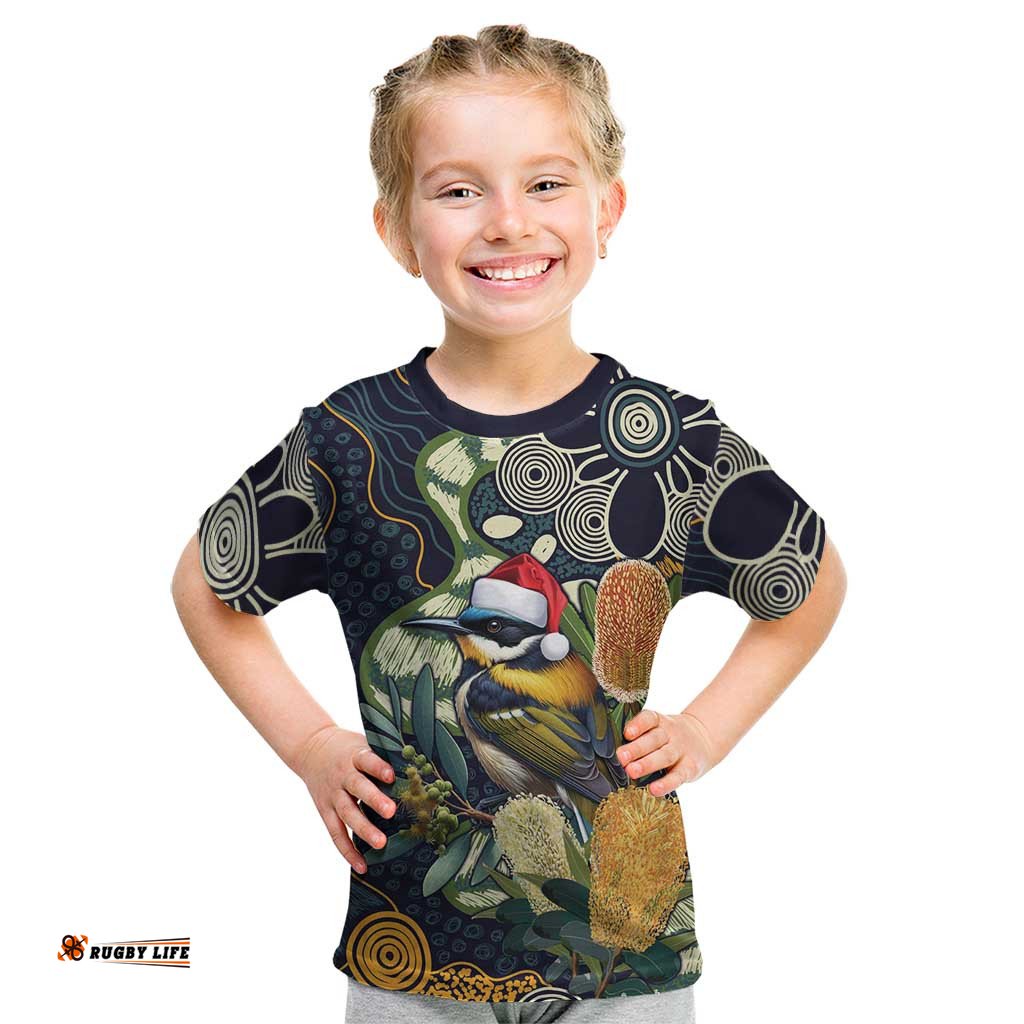 Aussie Honeyeaters Banksia Christmas Kid T Shirt Aboriginal Dots Painting Blue Motif LT9