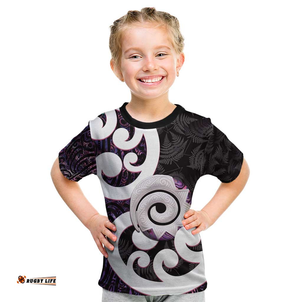 Aotearoa Koru Kid T Shirt Purple Maori Paua Shell Mix Silver Fern LT14