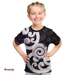 Aotearoa Koru Kid T Shirt Purple Maori Paua Shell Mix Silver Fern LT14