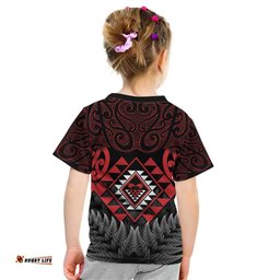 Aotearoa Kiwi Taniko Kid T Shirt Silver Fern With Maori Koru Pattern LT14