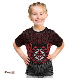Aotearoa Kiwi Taniko Kid T Shirt Silver Fern With Maori Koru Pattern LT14