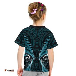 Aotearoa Pounamu Niho Kid T Shirt Silver Fern Mix Maori Pattern - Turquoise LT14