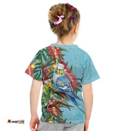 Blue Budgies on Callistemon Kid T Shirt Merry Christmas Aussie LT7