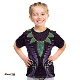 Aotearoa Pounamu Niho Kid T Shirt Silver Fern Mix Maori Pattern - Purple LT14
