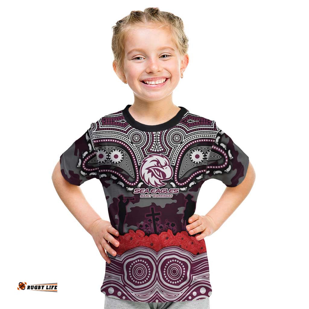 ANZAC Day Manly Warringah Sea Eagles Kid T Shirt Military Memorial Aboriginal Indigenous Art TS04
