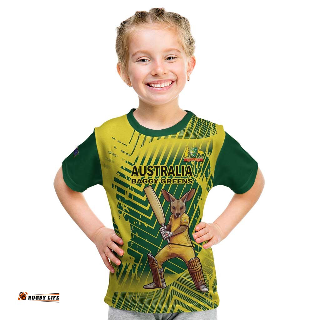 Custom Australia Cricket Kid T Shirt Aussie Baggy Greens - Kangaroo Mascot Style LT14